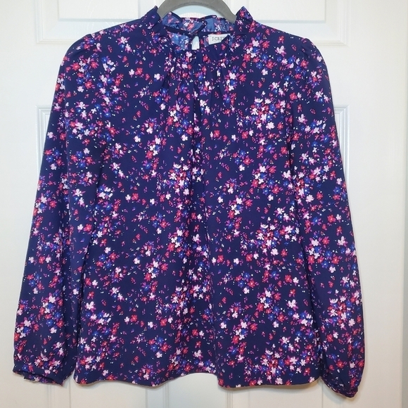 J. Crew Factory Long Sleeve Ruffleneck Top Floral Navy Size XS - Picture 2 of 11